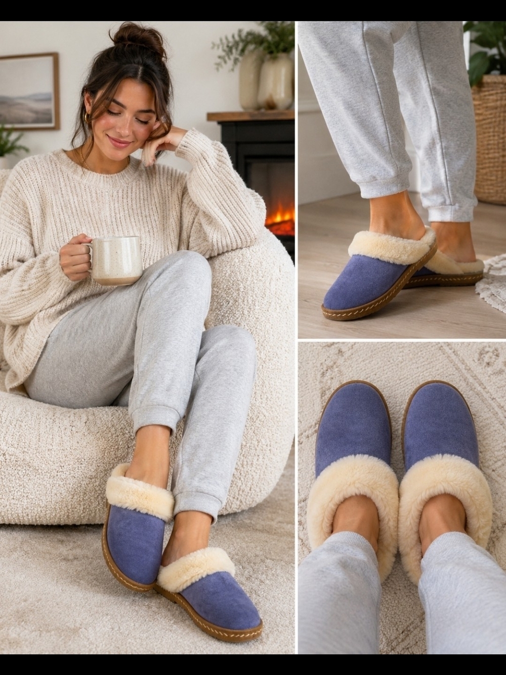 L.L. Bean Blue Suede Shearling-Lined Slip-On Slippers